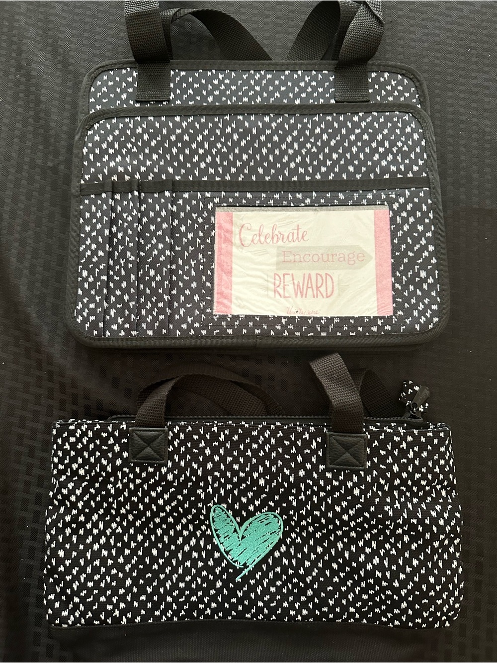 thirty-one Lot of 2 Black Patterned Organizer and tote w Pink and blue Accents